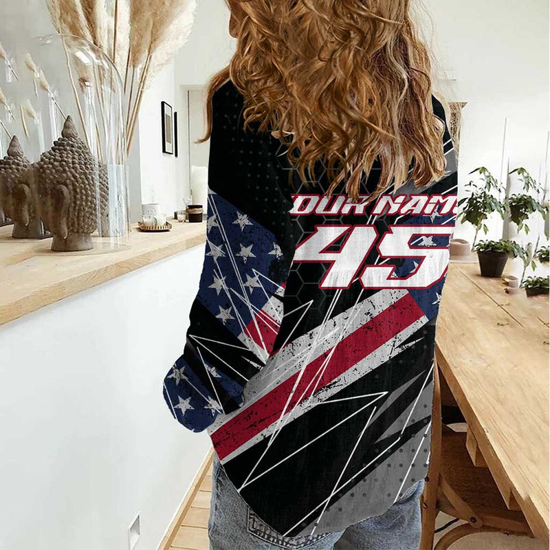 Custom Bike Shirt Racing Motocross American Flag and Black Hexagon Lightning Graphic Design Women Casual Shirt