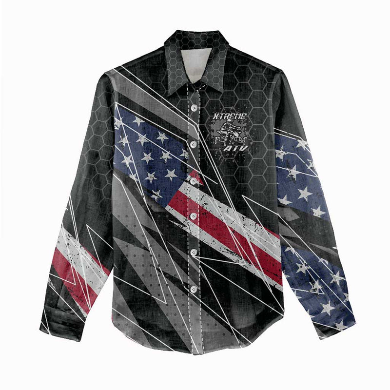 Custom Bike Shirt Racing Motocross American Flag and Black Hexagon Lightning Graphic Design Women Casual Shirt