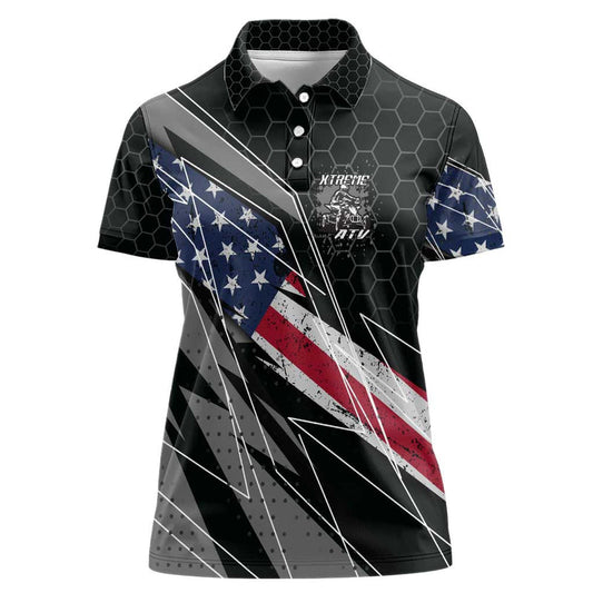 Custom Bike Shirt Racing Motocross American Flag and Black Hexagon Lightning Graphic Design Women Polo Shirt