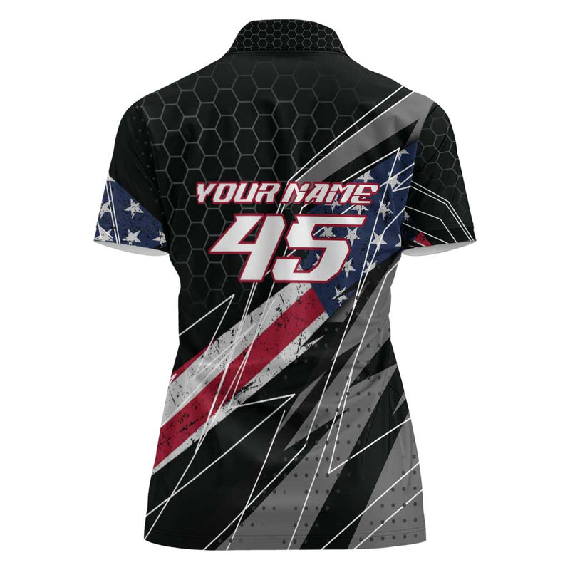 Custom Bike Shirt Racing Motocross American Flag and Black Hexagon Lightning Graphic Design Women Polo Shirt