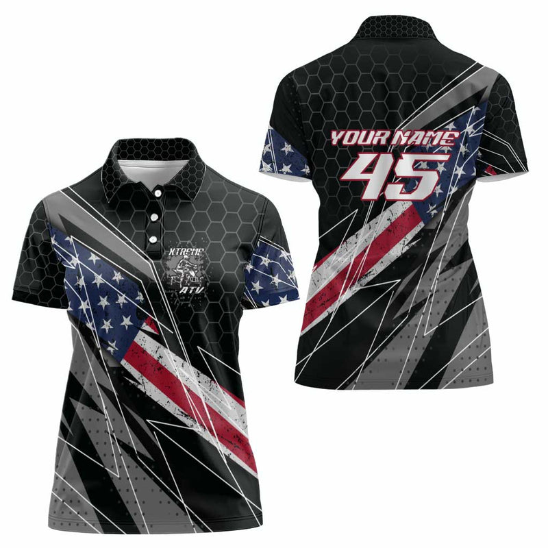 Custom Bike Shirt Racing Motocross American Flag and Black Hexagon Lightning Graphic Design Women Polo Shirt