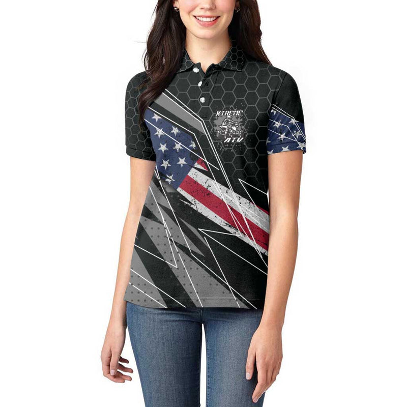 Custom Bike Shirt Racing Motocross American Flag and Black Hexagon Lightning Graphic Design Women Polo Shirt