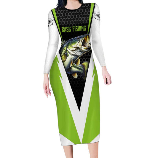 Custom Bass Fishing Jumping Fish Graphic And Green Black Honeycomb Long Sleeve Bodycon Dress