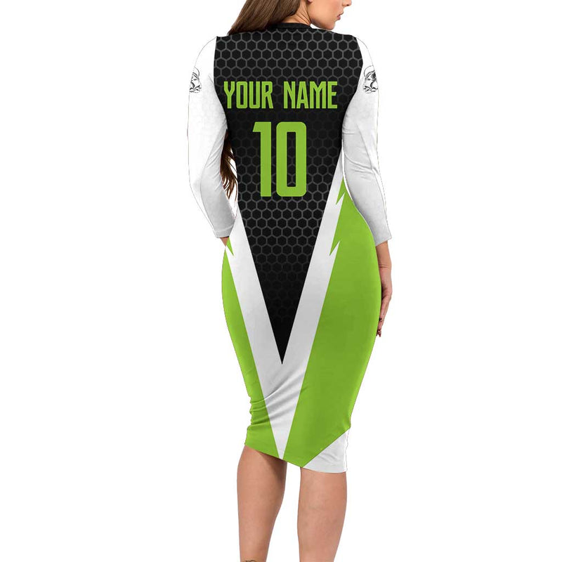 Custom Bass Fishing Jumping Fish Graphic And Green Black Honeycomb Long Sleeve Bodycon Dress