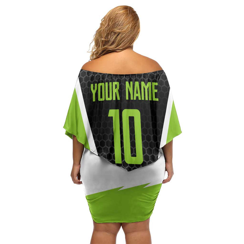 Custom Bass Fishing Jumping Fish Graphic And Green Black Honeycomb Off Shoulder Short Dress