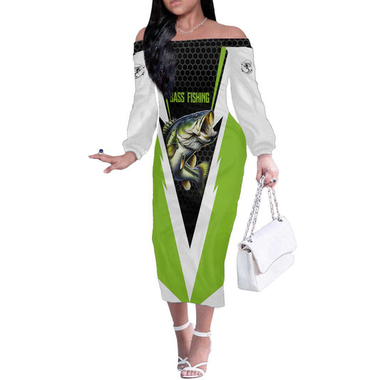 Custom Bass Fishing Jumping Fish Graphic And Green Black Honeycomb Off The Shoulder Long Sleeve Dress