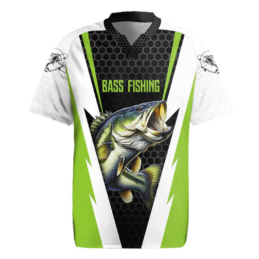 Custom Bass Fishing Jumping Fish Graphic And Green Black Honeycomb Rugby Jersey