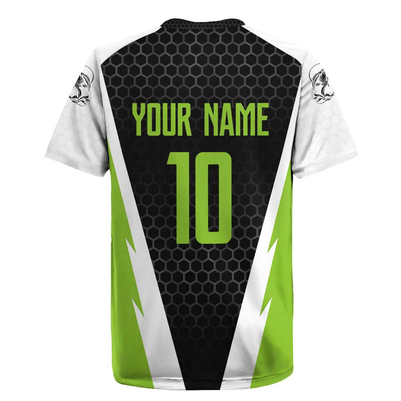 Custom Bass Fishing Jumping Fish Graphic And Green Black Honeycomb Rugby Jersey