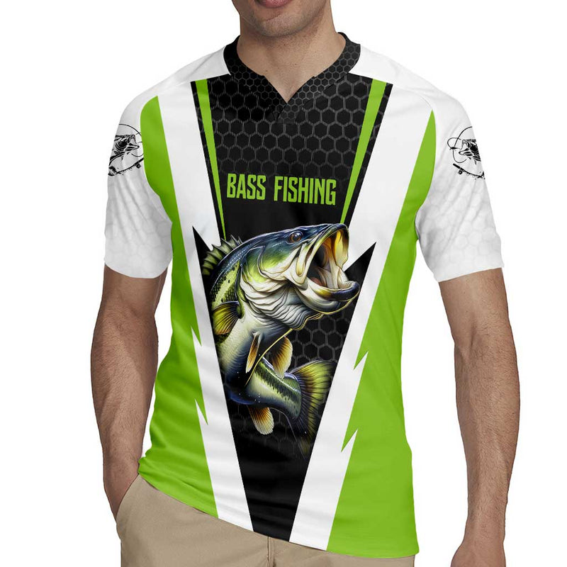Custom Bass Fishing Jumping Fish Graphic And Green Black Honeycomb Rugby Jersey