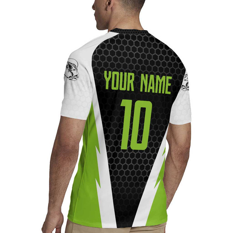 Custom Bass Fishing Jumping Fish Graphic And Green Black Honeycomb Rugby Jersey
