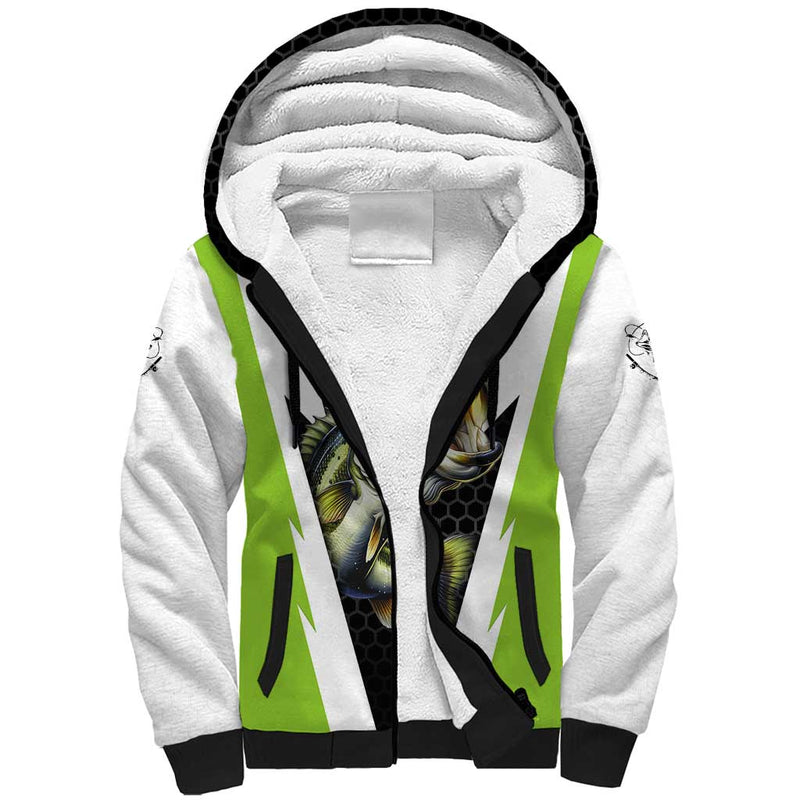 Custom Bass Fishing Jumping Fish Graphic and Green Black Honeycomb Sherpa Hoodie