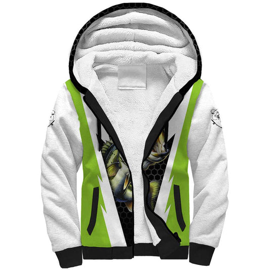Custom Bass Fishing Jumping Fish Graphic and Green Black Honeycomb Sherpa Hoodie