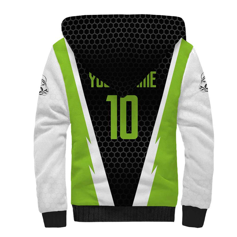 Custom Bass Fishing Jumping Fish Graphic and Green Black Honeycomb Sherpa Hoodie