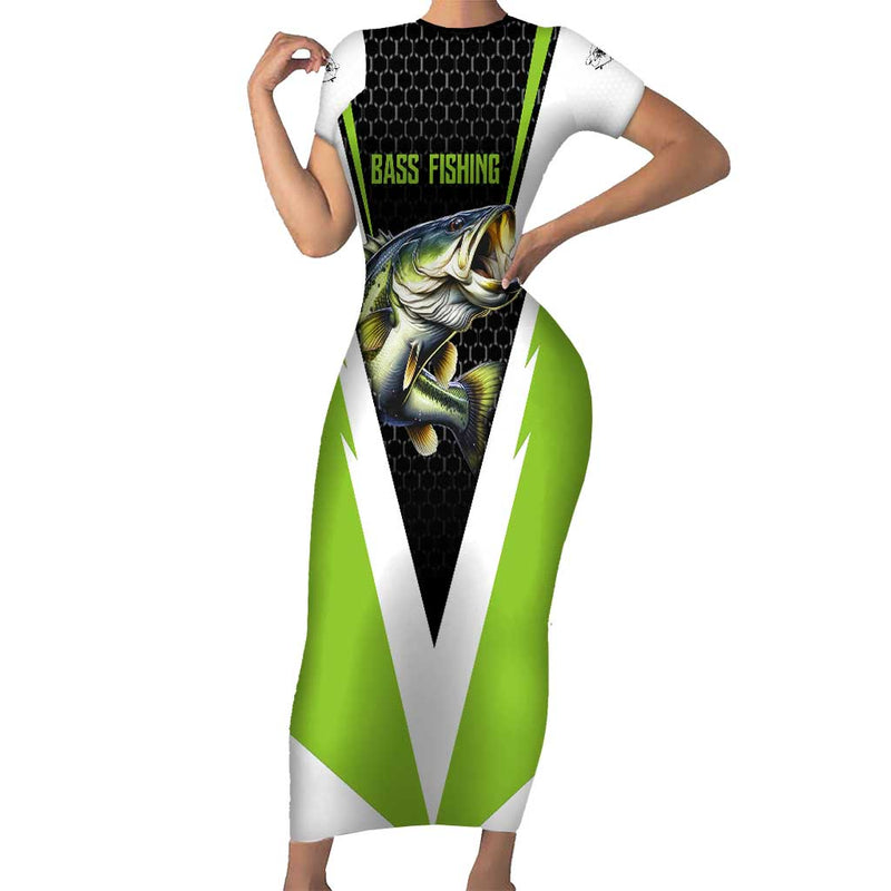 Custom Bass Fishing Jumping Fish Graphic And Green Black Honeycomb Short Sleeve Bodycon Dress