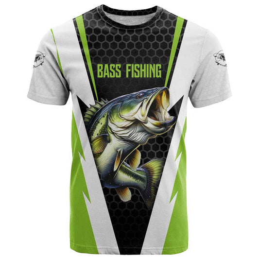 Custom Bass Fishing Jumping Fish Graphic and Green Black Honeycomb T Shirt