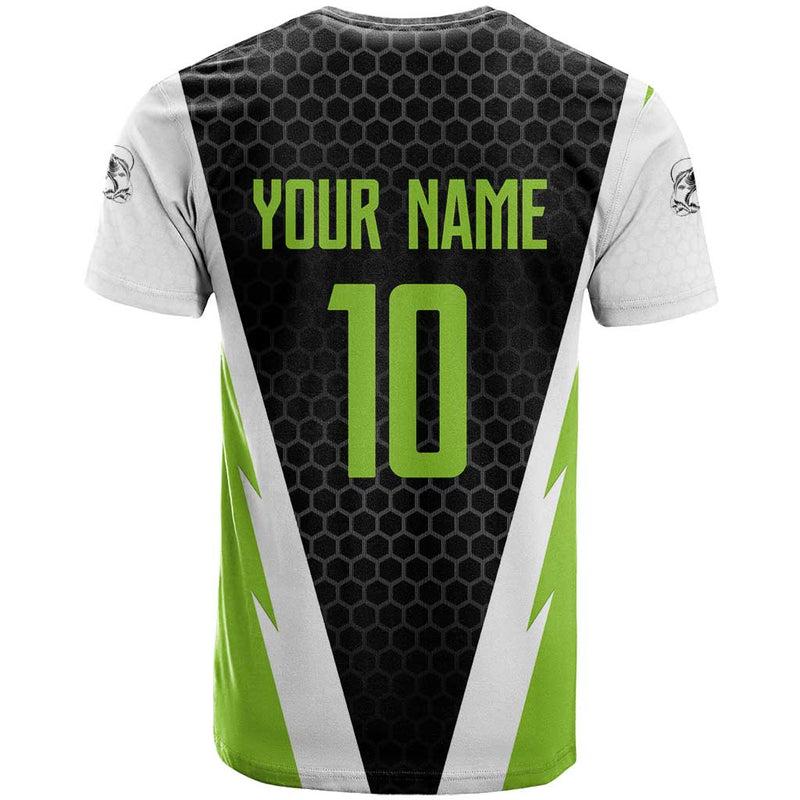 Custom Bass Fishing Jumping Fish Graphic and Green Black Honeycomb T Shirt