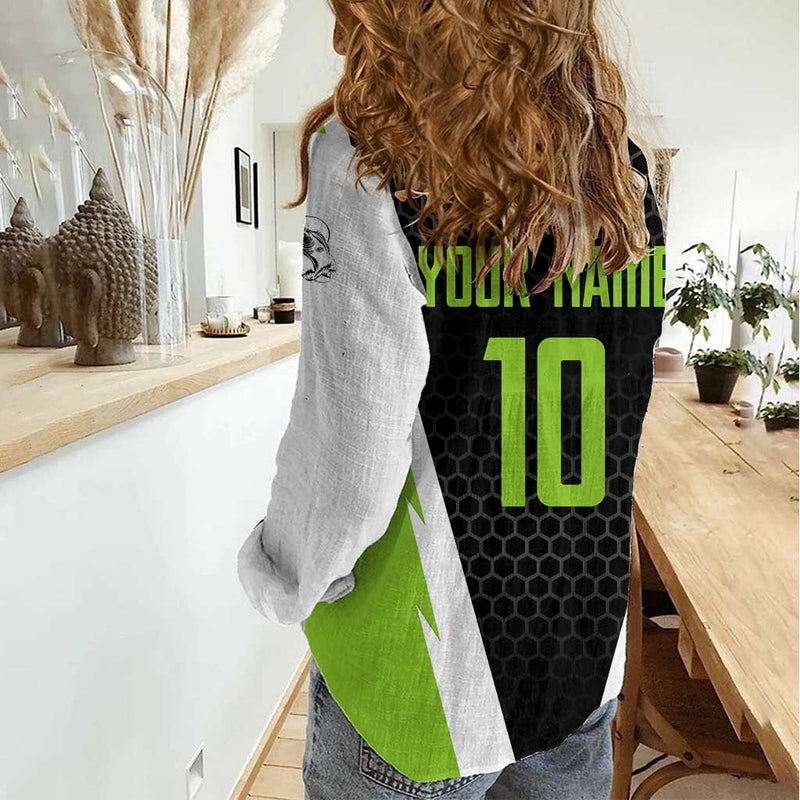 Custom Bass Fishing Jumping Fish Graphic and Green Black Honeycomb Women Casual Shirt