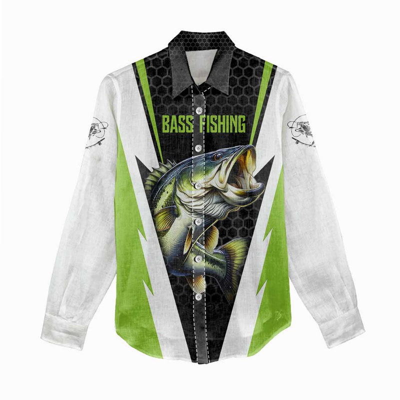 Custom Bass Fishing Jumping Fish Graphic and Green Black Honeycomb Women Casual Shirt