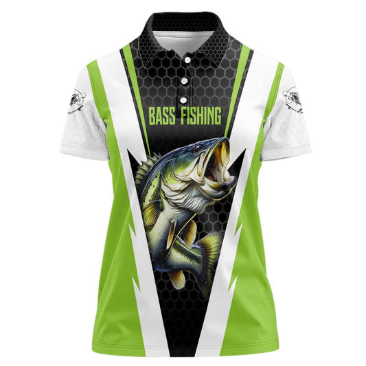 Custom Bass Fishing Jumping Fish Graphic and Green Black Honeycomb Women Polo Shirt