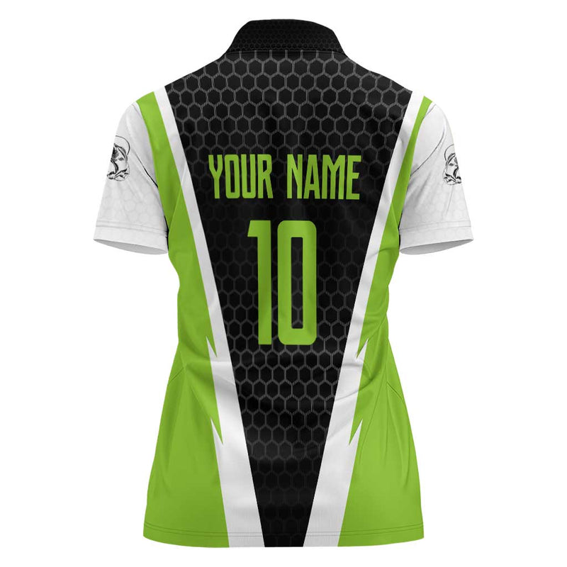 Custom Bass Fishing Jumping Fish Graphic and Green Black Honeycomb Women Polo Shirt