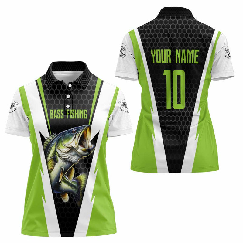 Custom Bass Fishing Jumping Fish Graphic and Green Black Honeycomb Women Polo Shirt