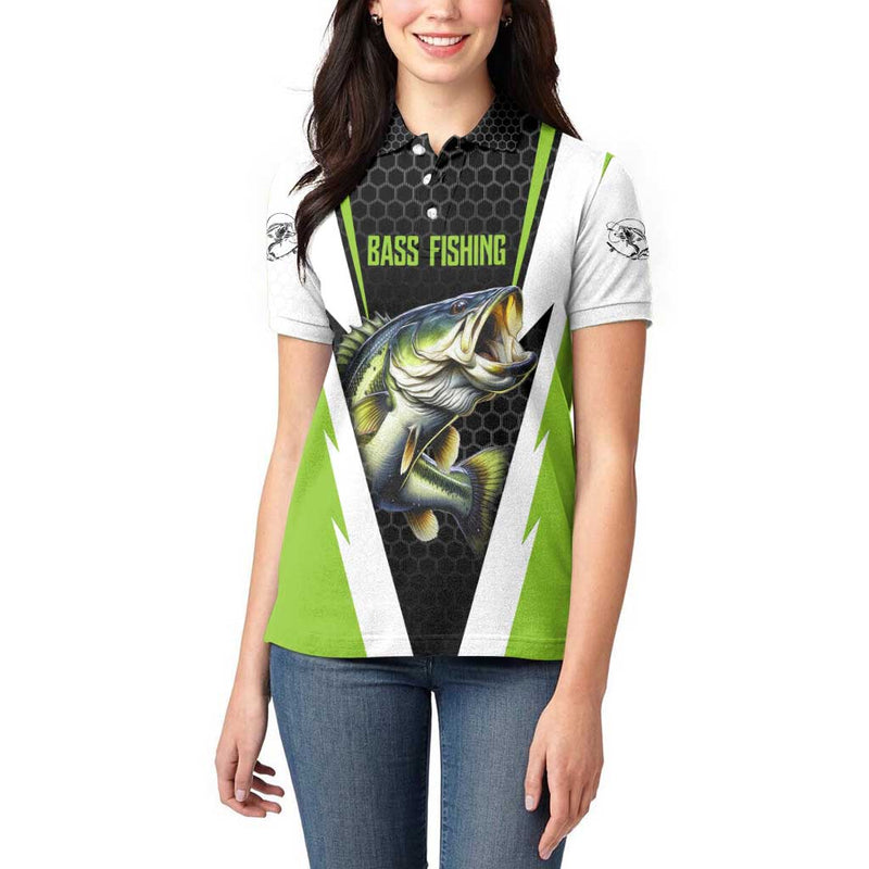 Custom Bass Fishing Jumping Fish Graphic and Green Black Honeycomb Women Polo Shirt