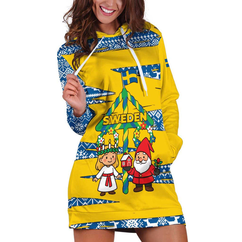 Sweden Christmas With Santa Lucia Girl Midsummer Pole Swedish Flag And Nordic Pattern Design Hoodie Dress