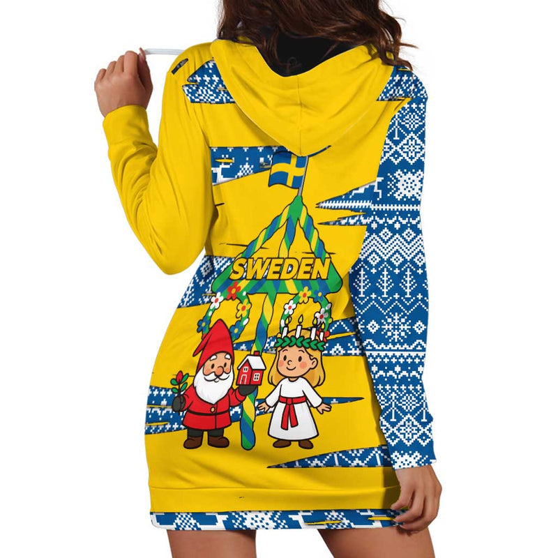 Sweden Christmas With Santa Lucia Girl Midsummer Pole Swedish Flag And Nordic Pattern Design Hoodie Dress