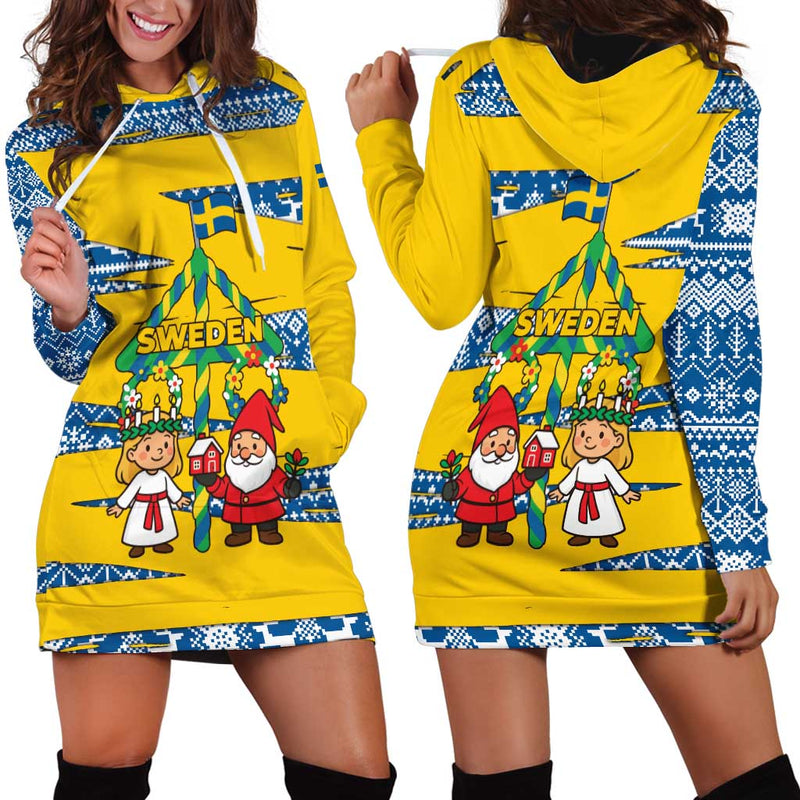 Sweden Christmas With Santa Lucia Girl Midsummer Pole Swedish Flag And Nordic Pattern Design Hoodie Dress