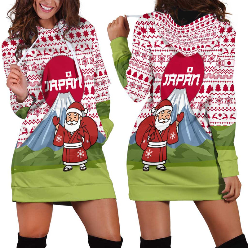 Japan Christmas With Santa Mount Fuji Rising Sun And Festive Pattern Design Hoodie Dress