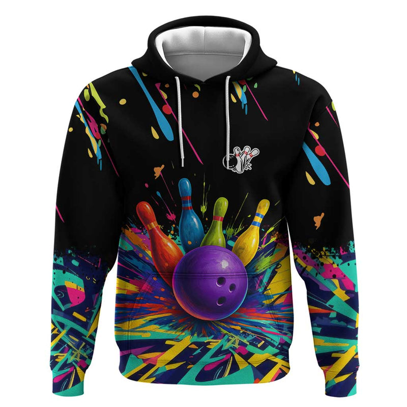 Custom Bowling Strike Design Colorful Pins and Purple Ball in Abstract Splatter Art Style Hoodie