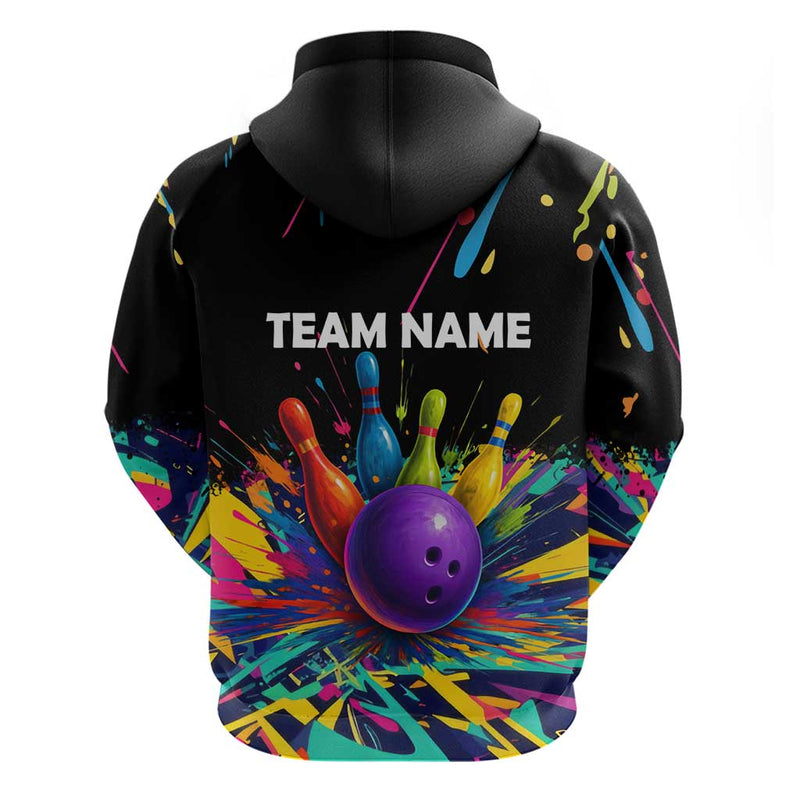 Custom Bowling Strike Design Colorful Pins and Purple Ball in Abstract Splatter Art Style Hoodie