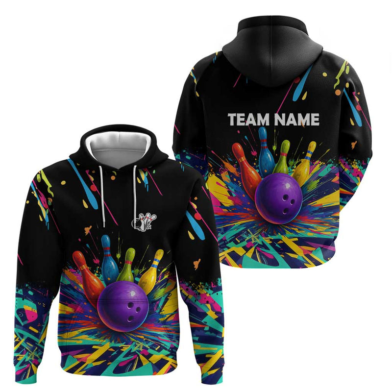 Custom Bowling Strike Design Colorful Pins and Purple Ball in Abstract Splatter Art Style Hoodie