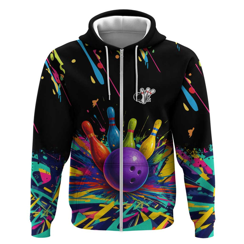 Custom Bowling Strike Design Colorful Pins and Purple Ball in Abstract Splatter Art Style Hoodie