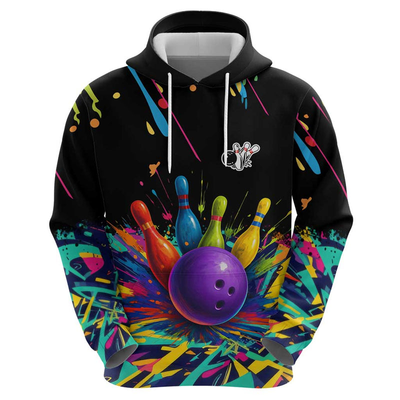 Custom Bowling Strike Design Colorful Pins and Purple Ball in Abstract Splatter Art Style Hoodie