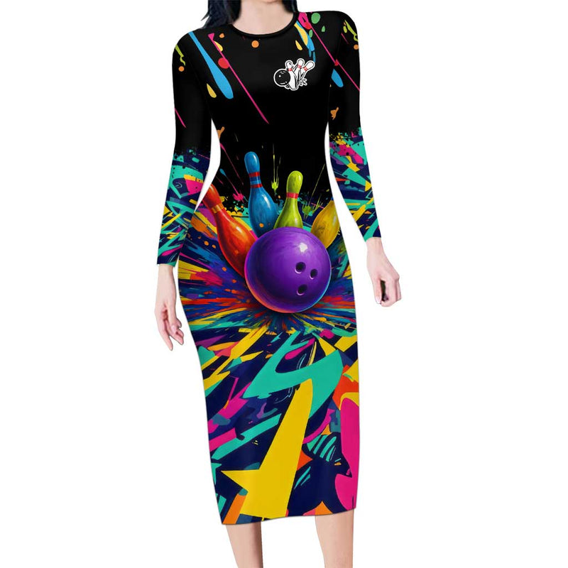 Custom Bowling Strike Design Colorful Pins And Purple Ball In Abstract Splatter Art Style Long Sleeve Bodycon Dress