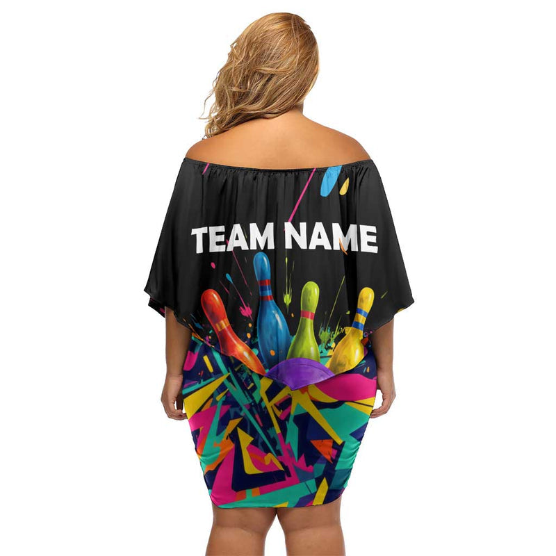 Custom Bowling Strike Design Colorful Pins And Purple Ball In Abstract Splatter Art Style Off Shoulder Short Dress