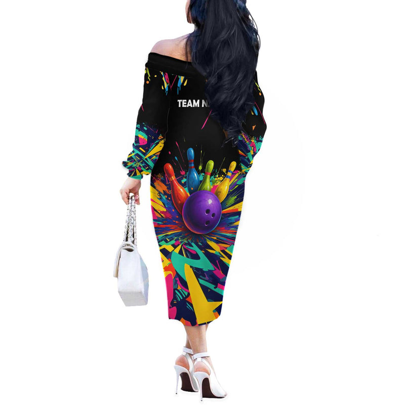 Custom Bowling Strike Design Colorful Pins And Purple Ball In Abstract Splatter Art Style Off The Shoulder Long Sleeve Dress