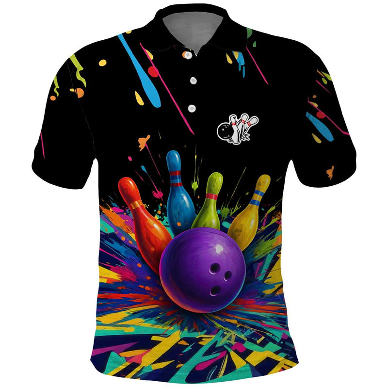 Custom Bowling Strike Design Colorful Pins and Purple Ball in Abstract Splatter Art Style Polo Shirt