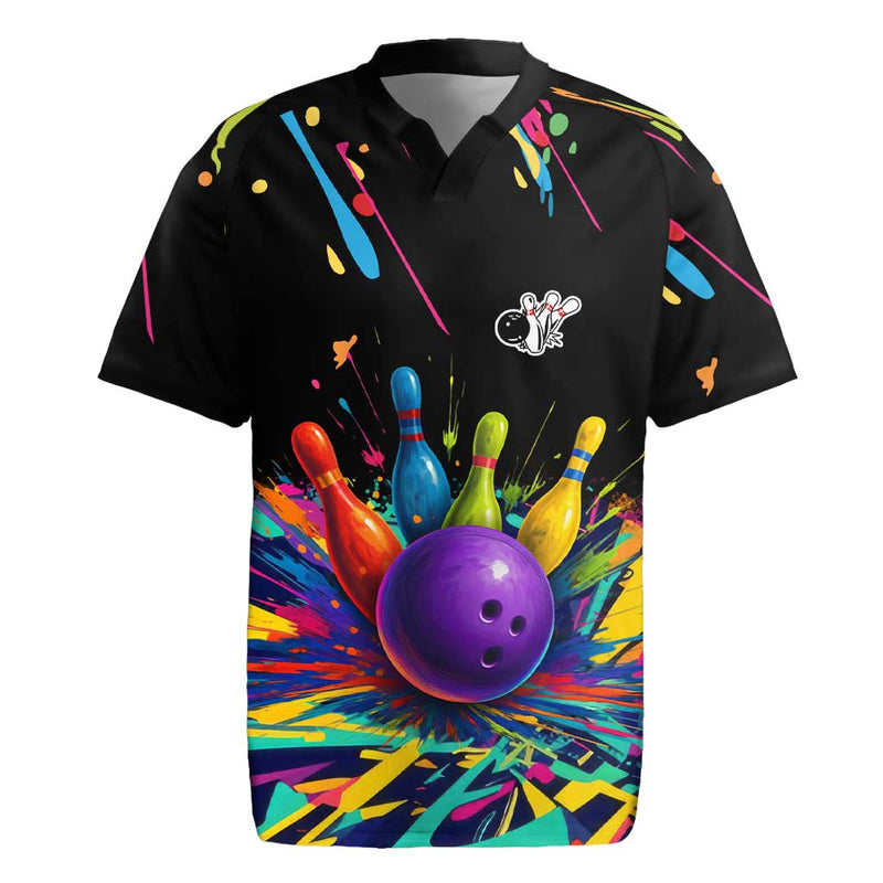 Custom Bowling Strike Design Colorful Pins And Purple Ball In Abstract Splatter Art Style Rugby Jersey