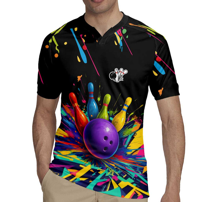 Custom Bowling Strike Design Colorful Pins And Purple Ball In Abstract Splatter Art Style Rugby Jersey