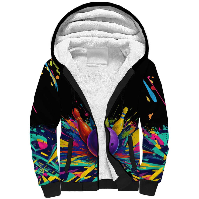 Custom Bowling Strike Design Colorful Pins and Purple Ball in Abstract Splatter Art Style Sherpa Hoodie