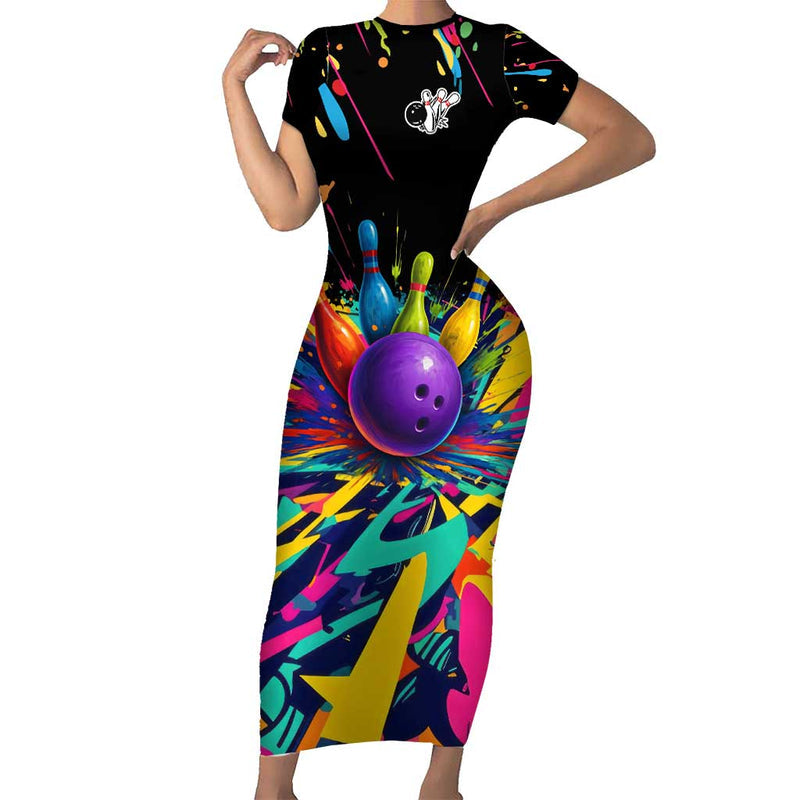 Custom Bowling Strike Design Colorful Pins And Purple Ball In Abstract Splatter Art Style Short Sleeve Bodycon Dress