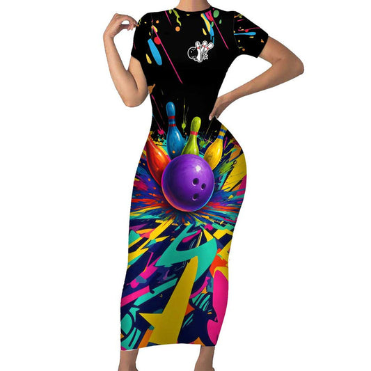 Custom Bowling Strike Design Colorful Pins And Purple Ball In Abstract Splatter Art Style Short Sleeve Bodycon Dress