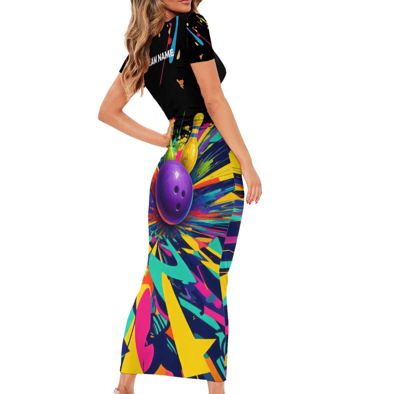 Custom Bowling Strike Design Colorful Pins And Purple Ball In Abstract Splatter Art Style Short Sleeve Bodycon Dress