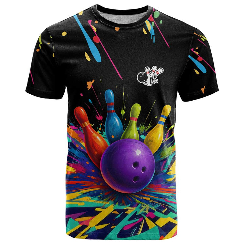 Custom Bowling Strike Design Colorful Pins and Purple Ball in Abstract Splatter Art Style T Shirt