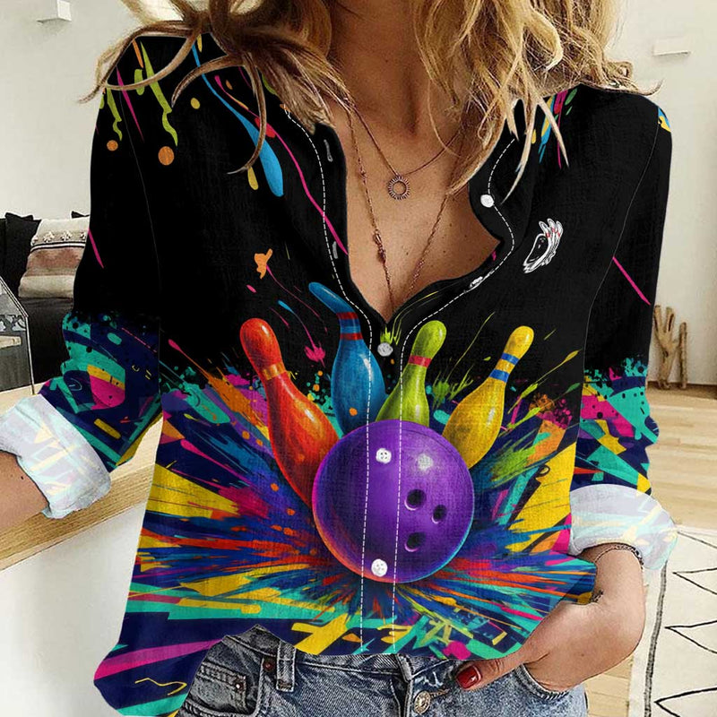 Custom Bowling Strike Design Colorful Pins and Purple Ball in Abstract Splatter Art Style Women Casual Shirt