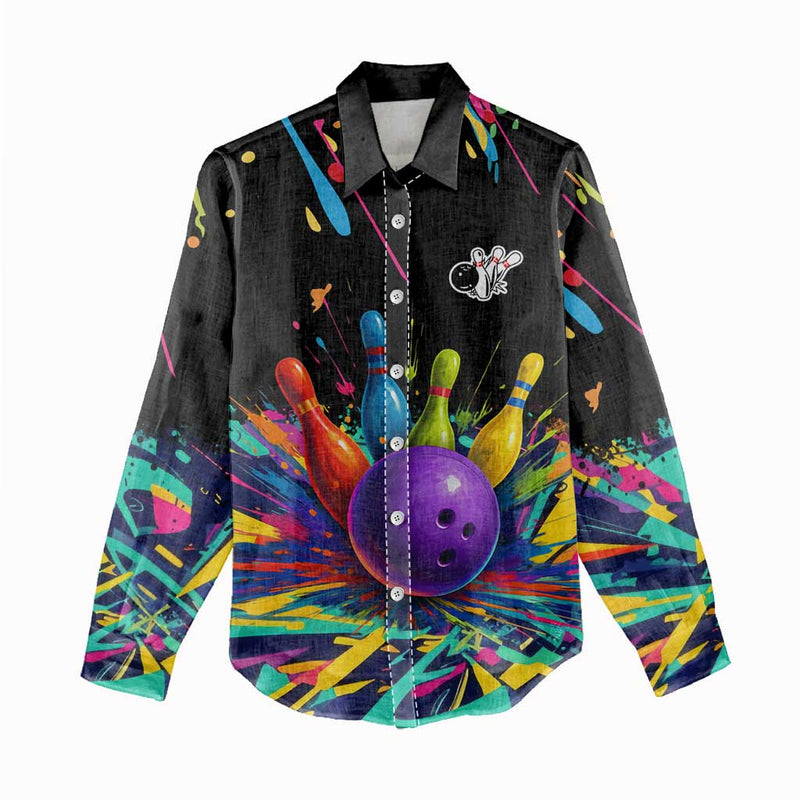 Custom Bowling Strike Design Colorful Pins and Purple Ball in Abstract Splatter Art Style Women Casual Shirt