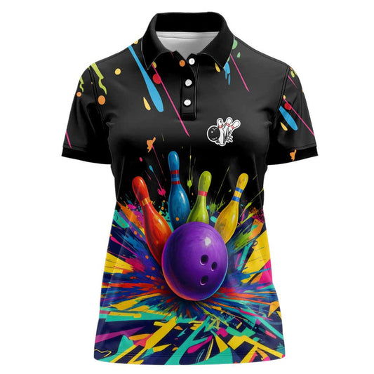 Custom Bowling Strike Design Colorful Pins and Purple Ball in Abstract Splatter Art Style Women Polo Shirt