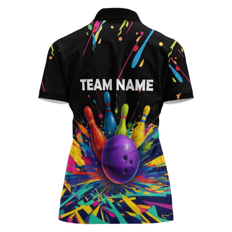 Custom Bowling Strike Design Colorful Pins and Purple Ball in Abstract Splatter Art Style Women Polo Shirt
